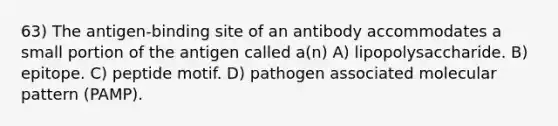 63) The antigen-binding site of an antibody accommodates a small portion of the antigen called a(n) A) lipopolysaccharide. B) epitope. C) peptide motif. D) pathogen associated molecular pattern (PAMP).