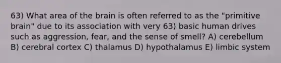 63) What area of the brain is often referred to as the "primitive brain" due to its association with very 63) basic human drives such as aggression, fear, and the sense of smell? A) cerebellum B) cerebral cortex C) thalamus D) hypothalamus E) limbic system