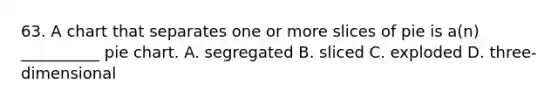 63. A chart that separates one or more slices of pie is a(n) __________ pie chart. A. segregated B. sliced C. exploded D. three-dimensional