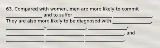 63. Compared with women, men are more likely to commit ________________ and to suffer _________________ _________________. They are also more likely to be diagnosed with _________________, _________________- _________________, _________________- _________________ _________________ _________________, and _________________ _________________ _________________.