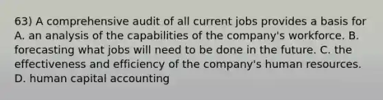 63) A comprehensive audit of all current jobs provides a basis for A. an analysis of the capabilities of the company's workforce. B. forecasting what jobs will need to be done in the future. C. the effectiveness and efficiency of the company's human resources. D. human capital accounting