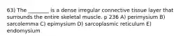 63) The ________ is a dense irregular connective tissue layer that surrounds the entire skeletal muscle. p 236 A) perimysium B) sarcolemma C) epimysium D) sarcoplasmic reticulum E) endomysium