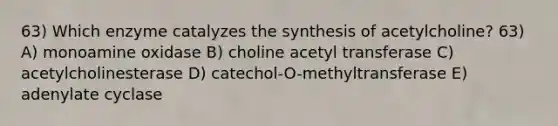 63) Which enzyme catalyzes the synthesis of acetylcholine? 63) A) monoamine oxidase B) choline acetyl transferase C) acetylcholinesterase D) catechol-O-methyltransferase E) adenylate cyclase