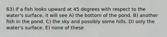 63) If a fish looks upward at 45 degrees with respect to the water's surface, it will see A) the bottom of the pond. B) another fish in the pond. C) the sky and possibly some hills. D) only the water's surface. E) none of these