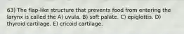 63) The flap-like structure that prevents food from entering the larynx is called the A) uvula. B) soft palate. C) epiglottis. D) thyroid cartilage. E) cricoid cartilage.