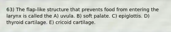 63) The flap-like structure that prevents food from entering the larynx is called the A) uvula. B) soft palate. C) epiglottis. D) thyroid cartilage. E) cricoid cartilage.