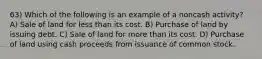 63) Which of the following is an example of a noncash activity? A) Sale of land for less than its cost. B) Purchase of land by issuing debt. C) Sale of land for more than its cost. D) Purchase of land using cash proceeds from issuance of common stock.