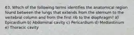 63. Which of the following terms identifies the anatomical region found between the lungs that extends from the sternum to the vertebral column and from the first rib to the diaphragm? a) Epicardium b) Abdominal cavity c) Pericardium d) Mediastinum e) Thoracic cavity