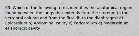 63. Which of the following terms identifies the anatomical region found between the lungs that extends from the sternum to the <a href='https://www.questionai.com/knowledge/ki4fsP39zf-vertebral-column' class='anchor-knowledge'>vertebral column</a> and from the first rib to the diaphragm? a) Epicardium b) Abdominal cavity c) Pericardium d) Mediastinum e) Thoracic cavity