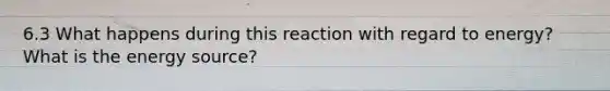 6.3 What happens during this reaction with regard to energy? What is the energy source?