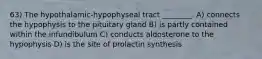 63) The hypothalamic-hypophyseal tract ________. A) connects the hypophysis to the pituitary gland B) is partly contained within the infundibulum C) conducts aldosterone to the hypophysis D) is the site of prolactin synthesis