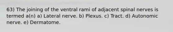 63) The joining of the ventral rami of adjacent spinal nerves is termed a(n) a) Lateral nerve. b) Plexus. c) Tract. d) Autonomic nerve. e) Dermatome.