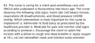 63. The nurse is caring for a client post-anesthesia care unit (PACU) who underwent a thoracotomy two hours ago. The nurse observes the following vital signs: heart rate 140 beats/ minute, respirations 26 breaths/minute, and blood pressure 140/90 mmHg. Which intervention is most important for the nurse to implement? a. Administer IV fluid bolus as prescribed by the healthcare provider b. Medicate for pain and monitor vital signs according to protocol c. Encourage the client to splint the incision with a pillow to cough and deep breathe d. Apply oxygen at 10 L via non-rebreather mask and monitor pulse oximeter