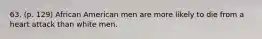 63. (p. 129) African American men are more likely to die from a heart attack than white men.