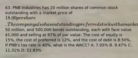 63. PNB Industries has 20 million shares of common stock outstanding with a market price of 18.00 per share. The company also has outstanding preferred stock with a market value of50 million, and 500,000 bonds outstanding, each with face value 1,000 and selling at 97% of par value. The cost of equity is 15%, the cost of preferred is 12%, and the cost of debt is 8.50%. If PNB's tax rate is 40%, what is the WACC? A. 7.05% B. 9.47% C. 11.31% D. 11.83%