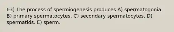 63) The process of spermiogenesis produces A) spermatogonia. B) primary spermatocytes. C) secondary spermatocytes. D) spermatids. E) sperm.