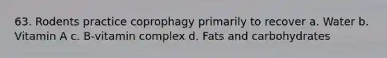 63. Rodents practice coprophagy primarily to recover a. Water b. Vitamin A c. B-vitamin complex d. Fats and carbohydrates