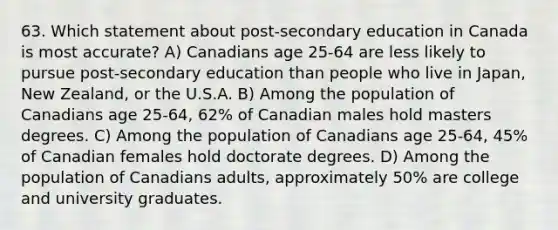 63. Which statement about post-secondary education in Canada is most accurate? A) Canadians age 25-64 are less likely to pursue post-secondary education than people who live in Japan, New Zealand, or the U.S.A. B) Among the population of Canadians age 25-64, 62% of Canadian males hold masters degrees. C) Among the population of Canadians age 25-64, 45% of Canadian females hold doctorate degrees. D) Among the population of Canadians adults, approximately 50% are college and university graduates.