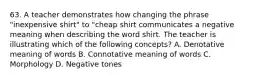 63. A teacher demonstrates how changing the phrase "inexpensive shirt" to "cheap shirt communicates a negative meaning when describing the word shirt. The teacher is illustrating which of the following concepts? A. Denotative meaning of words B. Connotative meaning of words C. Morphology D. Negative tones