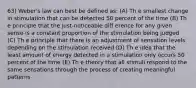 63) Weber's law can best be defined as: (A) Th e smallest change in stimulation that can be detected 50 percent of the time (B) Th e principle that the just-noticeable diff erence for any given sense is a constant proportion of the stimulation being judged (C) Th e principle that there is an adjustment of sensation levels depending on the stimulation received (D) Th e idea that the least amount of energy detected in a stimulation only occurs 50 percent of the time (E) Th e theory that all stimuli respond to the same sensations through the process of creating meaningful patterns