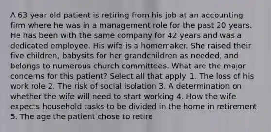 A 63 year old patient is retiring from his job at an accounting firm where he was in a management role for the past 20 years. He has been with the same company for 42 years and was a dedicated employee. His wife is a homemaker. She raised their five children, babysits for her grandchildren as needed, and belongs to numerous church committees. What are the major concerns for this patient? Select all that apply. 1. The loss of his work role 2. The risk of social isolation 3. A determination on whether the wife will need to start working 4. How the wife expects household tasks to be divided in the home in retirement 5. The age the patient chose to retire