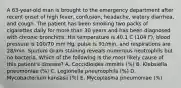 A 63-year-old man is brought to the emergency department after recent onset of high fever, confusion, headache, watery diarrhea, and cough. The patient has been smoking two packs of cigarettes daily for more than 30 years and has been diagnosed with chronic bronchitis. His temperature is 40.1 C (104 F), blood pressure is 100/70 mm Hg, pulse is 91/min, and respirations are 28/min. Sputum Gram staining reveals numerous neutrophils but no bacteria. Which of the following is the most likely cause of this patient's disease? A. Coccidioides immitis (%) B. Klebsiella pneumoniae (%) C. Legionella pneumophila (%) D. Mycobacterium kansasii (%) E. Mycoplasma pneumoniae (%)