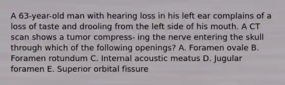 A 63-year-old man with hearing loss in his left ear complains of a loss of taste and drooling from the left side of his mouth. A CT scan shows a tumor compress- ing the nerve entering the skull through which of the following openings? A. Foramen ovale B. Foramen rotundum C. Internal acoustic meatus D. Jugular foramen E. Superior orbital fissure