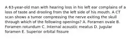 A 63-year-old man with hearing loss in his left ear complains of a loss of taste and drooling from the left side of his mouth. A CT scan shows a tumor compressing the nerve exiting the skull through which of the following openings? A. Foramen ovale B. Foramen rotundum C. Internal acoustic meatus D. Jugular foramen E. Superior orbital fissure