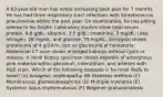 A 63-year-old man has noted increasing back pain for 7 months. He has had three respiratory tract infections with Streptococcus pneumoniae within the past year. On examination, he has pitting edema to his thighs. Laboratory studies show total serum protein, 9.6 g/dL; albumin, 3.5 g/dL; creatinine, 3 mg/dL; urea nitrogen, 28 mg/dL; and glucose, 79 mg/dL. Urinalysis shows proteinuria of 4 g/24 hr, but no glucosuria or hematuria. Abdominal CT scan shows enlarged kidneys without cysts or masses. A renal biopsy specimen shows deposits of amorphous pink material within glomeruli, interstitium, and arteries with H&E stain. Which of the following diseases is he most likely to have? (A) Analgesic nephropathy (B) Diabetes mellitus (C) Membranous glomerulonephritis (D) Multiple myeloma (E) Systemic lupus erythematosus (F) Wegener granulomatosis