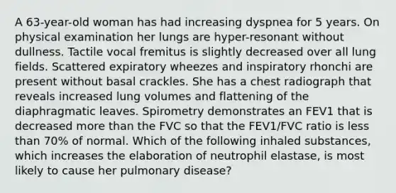 A 63-year-old woman has had increasing dyspnea for 5 years. On physical examination her lungs are hyper-resonant without dullness. Tactile vocal fremitus is slightly decreased over all lung fields. Scattered expiratory wheezes and inspiratory rhonchi are present without basal crackles. She has a chest radiograph that reveals increased lung volumes and flattening of the diaphragmatic leaves. Spirometry demonstrates an FEV1 that is decreased more than the FVC so that the FEV1/FVC ratio is less than 70% of normal. Which of the following inhaled substances, which increases the elaboration of neutrophil elastase, is most likely to cause her pulmonary disease?