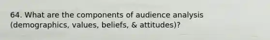 64. What are the components of audience analysis (demographics, values, beliefs, & attitudes)?