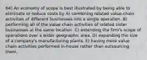 64) An economy of scope is best illustrated by being able to eliminate or reduce costs by A) combining related value-chain activities of different businesses into a single operation. B) performing all of the value chain activities of related sister businesses at the same location. C) extending the firm's scope of operations over a wider geographic area. D) expanding the size of a company's manufacturing plants. E) having more value chain activities performed in-house rather than outsourcing them.