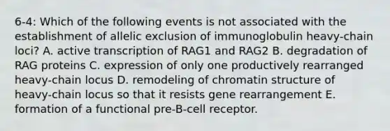 6-4: Which of the following events is not associated with the establishment of allelic exclusion of immunoglobulin heavy-chain loci? A. active transcription of RAG1 and RAG2 B. degradation of RAG proteins C. expression of only one productively rearranged heavy-chain locus D. remodeling of chromatin structure of heavy-chain locus so that it resists gene rearrangement E. formation of a functional pre-B-cell receptor.