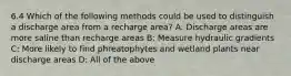 6.4 Which of the following methods could be used to distinguish a discharge area from a recharge area? A: Discharge areas are more saline than recharge areas B: Measure hydraulic gradients C: More likely to find phreatophytes and wetland plants near discharge areas D: All of the above