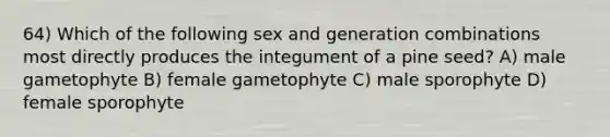 64) Which of the following sex and generation combinations most directly produces the integument of a pine seed? A) male gametophyte B) female gametophyte C) male sporophyte D) female sporophyte