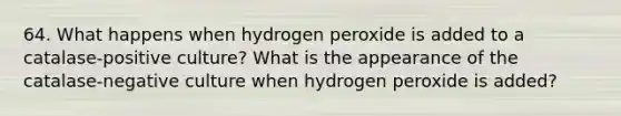 64. What happens when hydrogen peroxide is added to a catalase-positive culture? What is the appearance of the catalase-negative culture when hydrogen peroxide is added?