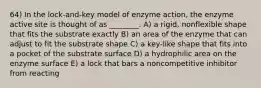 64) In the lock-and-key model of enzyme action, the enzyme active site is thought of as ________. A) a rigid, nonflexible shape that fits the substrate exactly B) an area of the enzyme that can adjust to fit the substrate shape C) a key-like shape that fits into a pocket of the substrate surface D) a hydrophilic area on the enzyme surface E) a lock that bars a noncompetitive inhibitor from reacting