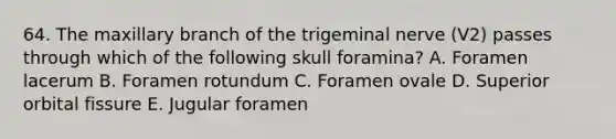 64. The maxillary branch of the trigeminal nerve (V2) passes through which of the following skull foramina? A. Foramen lacerum B. Foramen rotundum C. Foramen ovale D. Superior orbital fissure E. Jugular foramen