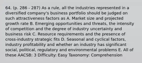 64. (p. 286 - 287) As a rule, all the industries represented in a diversified company's business portfolio should be judged on such attractiveness factors as A. Market size and projected growth rate B. Emerging opportunities and threats, the intensity of competition and the degree of industry uncertainty and business risk C. Resource requirements and the presence of cross-industry strategic fits D. Seasonal and cyclical factors, industry profitability and whether an industry has significant social, political, regulatory and environmental problems E. All of these AACSB: 3 Difficulty: Easy Taxonomy: Comprehension