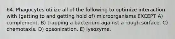 64. Phagocytes utilize all of the following to optimize interaction with (getting to and getting hold of) microorganisms EXCEPT A) complement. B) trapping a bacterium against a rough surface. C) chemotaxis. D) opsonization. E) lysozyme.