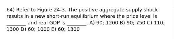 64) Refer to Figure 24-3. The positive aggregate supply shock results in a new short-run equilibrium where the price level is ________ and real GDP is ________. A) 90; 1200 B) 90; 750 C) 110; 1300 D) 60; 1000 E) 60; 1300