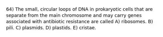 64) The small, circular loops of DNA in prokaryotic cells that are separate from the main chromosome and may carry genes associated with antibiotic resistance are called A) ribosomes. B) pili. C) plasmids. D) plastids. E) cristae.