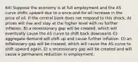 64) Suppose the economy is at full employment and the AS curve shifts upward due to a once-and-for-all increase in the price of oil. If the central bank does not respond to this shock, A) prices will rise and stay at the higher level with no further inflation. B) a recessionary gap will be created, which will eventually cause the AS curve to shift back downward. C) aggregate demand will shift up and cause further inflation. D) an inflationary gap will be created, which will cause the AS curve to shift upward again. E) a recessionary gap will be created and will cause a permanent reduction in employment.