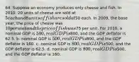 64. Suppose an economy produces only cheese and fish. In 2010, 20 units of cheese are sold at 5 each and 8 units of fish are sold at50 each. In 2009, the base year, the price of cheese was 10 per unit and the price of fish was75 per unit. For 2010, a. nominal GDP is 500, real GDP is800, and the GDP deflator is 62.5. b. nominal GDP is 500, real GDP is800, and the GDP deflator is 160. c. nominal GDP is 800, real GDP is500, and the GDP deflator is 62.5. d. nominal GDP is 800, real GDP is500, and the GDP deflator is 160.