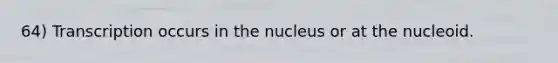 64) Transcription occurs in the nucleus or at the nucleoid.