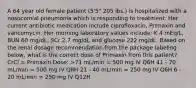 A 64 year old female patient (5'5" 205 lbs.) is hospitalized with a nosocomial pneumonia which is responding to treatment. Her current antibiotic medication include ciprofloxacin, Primaxin and vancomycin. Her morning laboratory values include: K 4 mEq/L, BUN 60 mg/dL, SCr 2.7 mg/dL and glucose 222 mg/dL. Based on the renal dosage recommendation from the package labeling below, what is the correct dose of Primaxin from this patient? CrCl = Primaxin Dose: >71 mL/min = 500 mg IV Q6H 41 - 70 mL/min = 500 mg IV Q8H 21 - 40 mL/min = 250 mg IV Q6H 6 - 20 mL/min = 250 mg IV Q12H