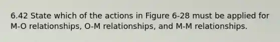 6.42 State which of the actions in Figure 6-28 must be applied for M-O relationships, O-M relationships, and M-M relationships.