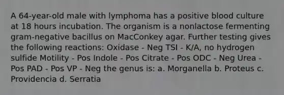 A 64-year-old male with lymphoma has a positive blood culture at 18 hours incubation. The organism is a nonlactose fermenting gram-negative bacillus on MacConkey agar. Further testing gives the following reactions: Oxidase - Neg TSI - K/A, no hydrogen sulfide Motility - Pos Indole - Pos Citrate - Pos ODC - Neg Urea - Pos PAD - Pos VP - Neg the genus is: a. Morganella b. Proteus c. Providencia d. Serratia