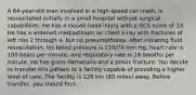 A 64-year-old man involved in a high-speed car crash, is resuscitated initially in a small hospital without surgical capabilities. He has a closed head injury with a GCS score of 13. He has a widened mediastinum on chest x-ray with fractures of left ribs 2 through 4, but no pneumothorax. After initiating fluid resuscitation, his blood pressure is 110/74 mm Hg, heart rate is 100 beats per minute, and respiratory rate is 18 breaths per minute. He has gross hematuria and a pelvic fracture. You decide to transfer this patient to a facility capable of providing a higher level of care. The facility is 128 km (80 miles) away. Before transfer, you should first: