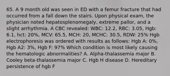 65. A 9 month old was seen in ED with a femur fracture that had occurred from a fall down the stairs. Upon physical exam, the physician noted hepatosplenomegaly, extreme pallor, and a slight arrhythmia. A CBC revealed: WBC: 12.2, RBC: 3.05, Hgb: 6.1, hct: 20%, MCV: 65.5, MCH: 20, MCHC: 30.5, RDW: 25% Hgb electrophoresis was ordered with results as follows: Hgb A: 0%, Hgb A2: 3%, Hgb F: 97% Which condition is most likely causing the hematologic abnormalities? A. Alpha-thalassemia major B. Cooley beta-thalassemia major C. Hgb H disease D. Hereditary persistence of hgb F